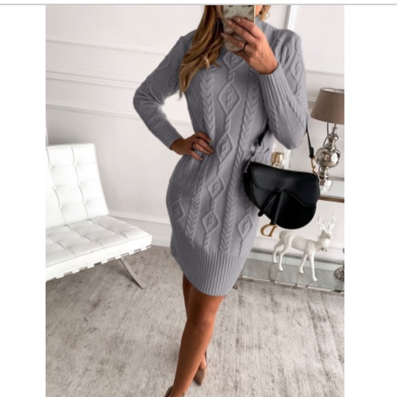 Gray High Neck Textured Bodycon Sweater Dress - Picture 3 of 13